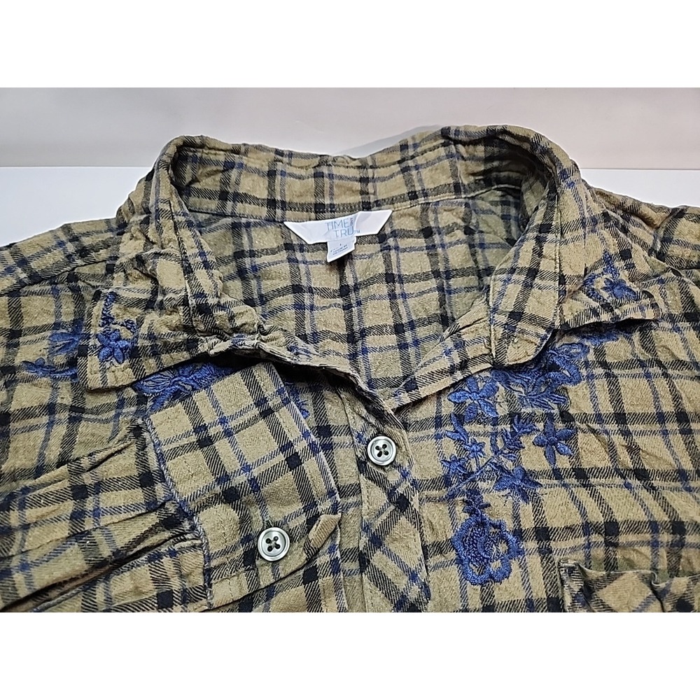 Time and Tru Womens Plaid Button Up Shirt Large Brown Blue Floral Embroidered